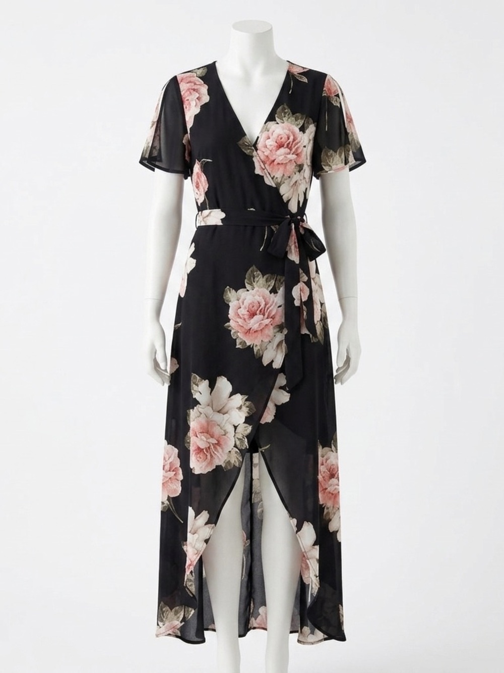 Dynamite Black Wrap High-Low Dress with Pink Floral Print Size Medium